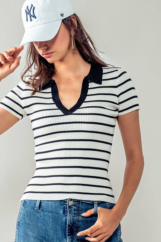 Urban Daizy Ribbed Stripe V-Neck Knit Top Ivory Knit Top - Women's (UDZ-TP-00562) – alternate view 5