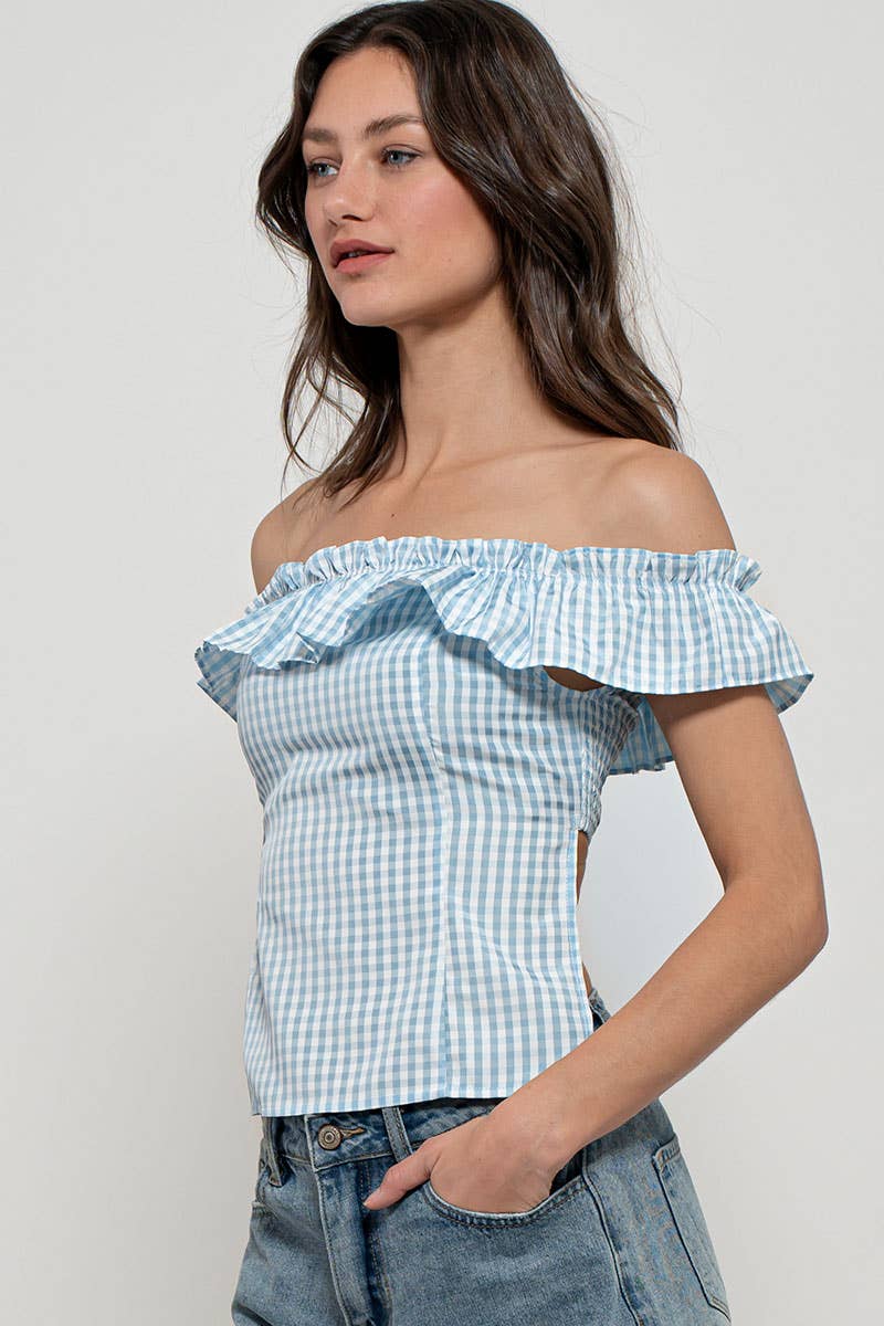 Urban Daizy Gingham Ruffle Off-Shoulder Crop Top Pink Blouse - Women's (UDZ-TP-01034) – alternate view 23