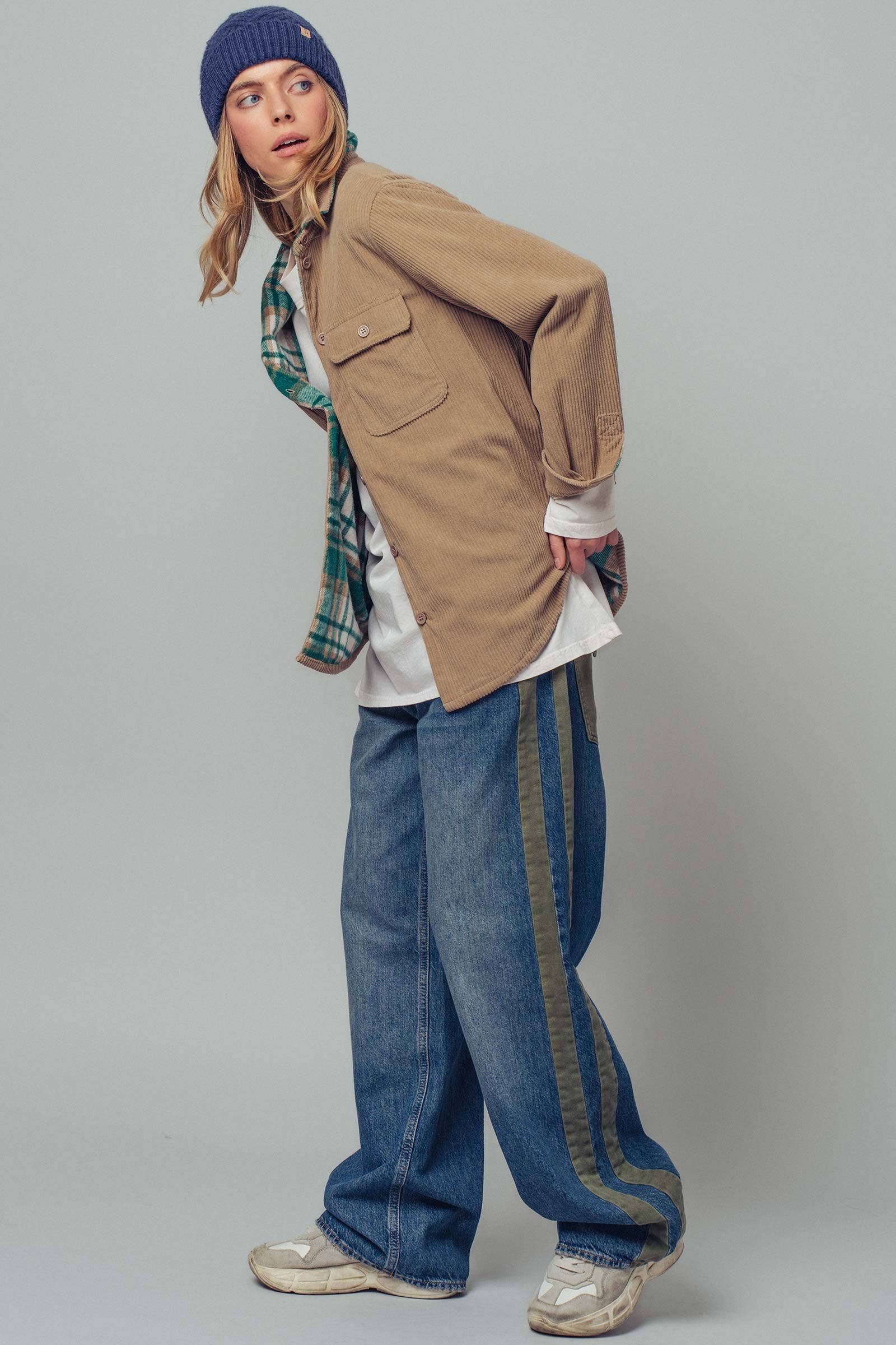 Urban Daizy Plaid Flannel-Lined Corduroy Shacket Taupe Shirt Jacket/Shacket - Women's (UDZ-KN-00150) – alternate view 13