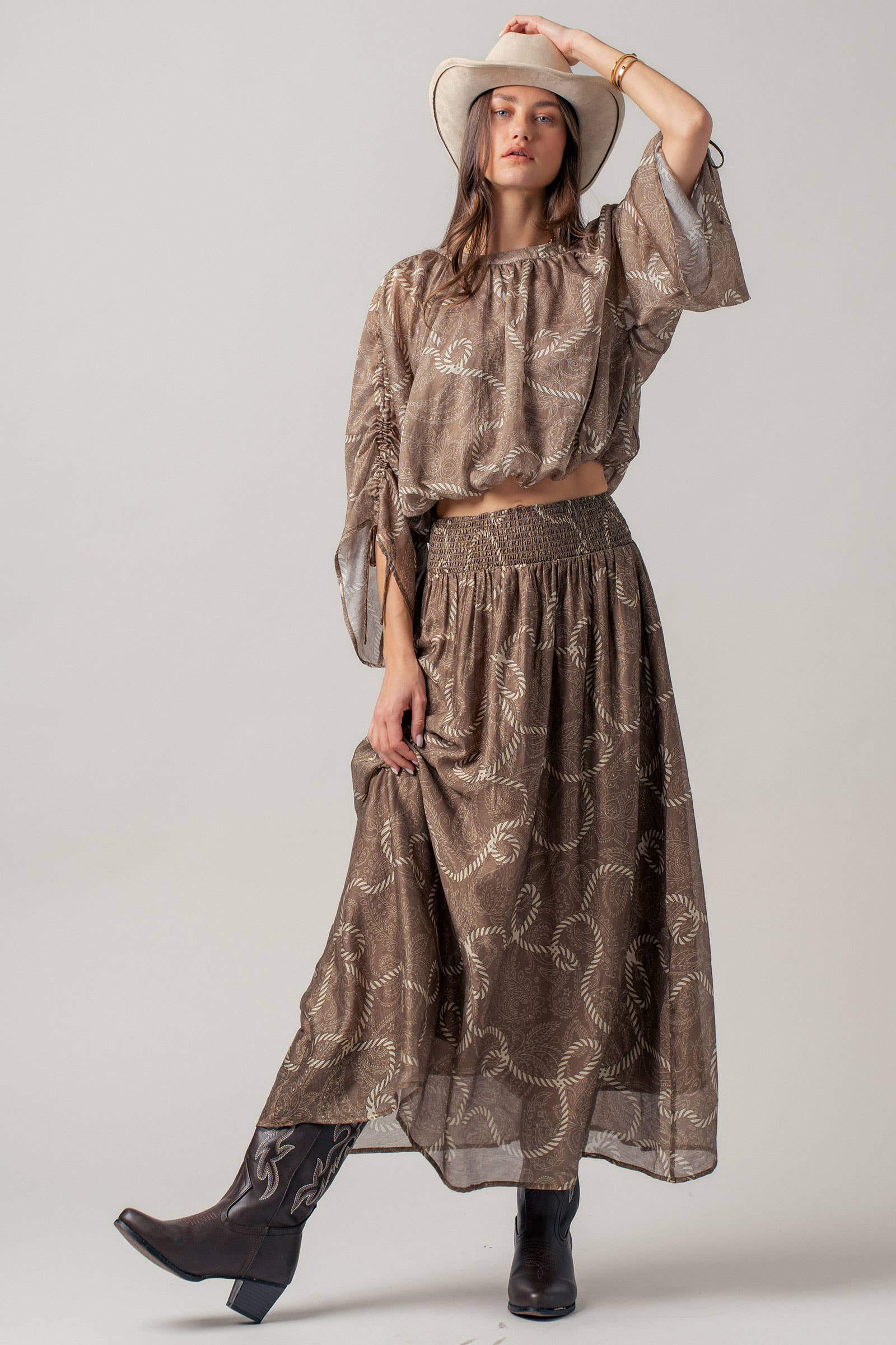 Rope Print Smocked Waist Maxi Skirt Linen Silk