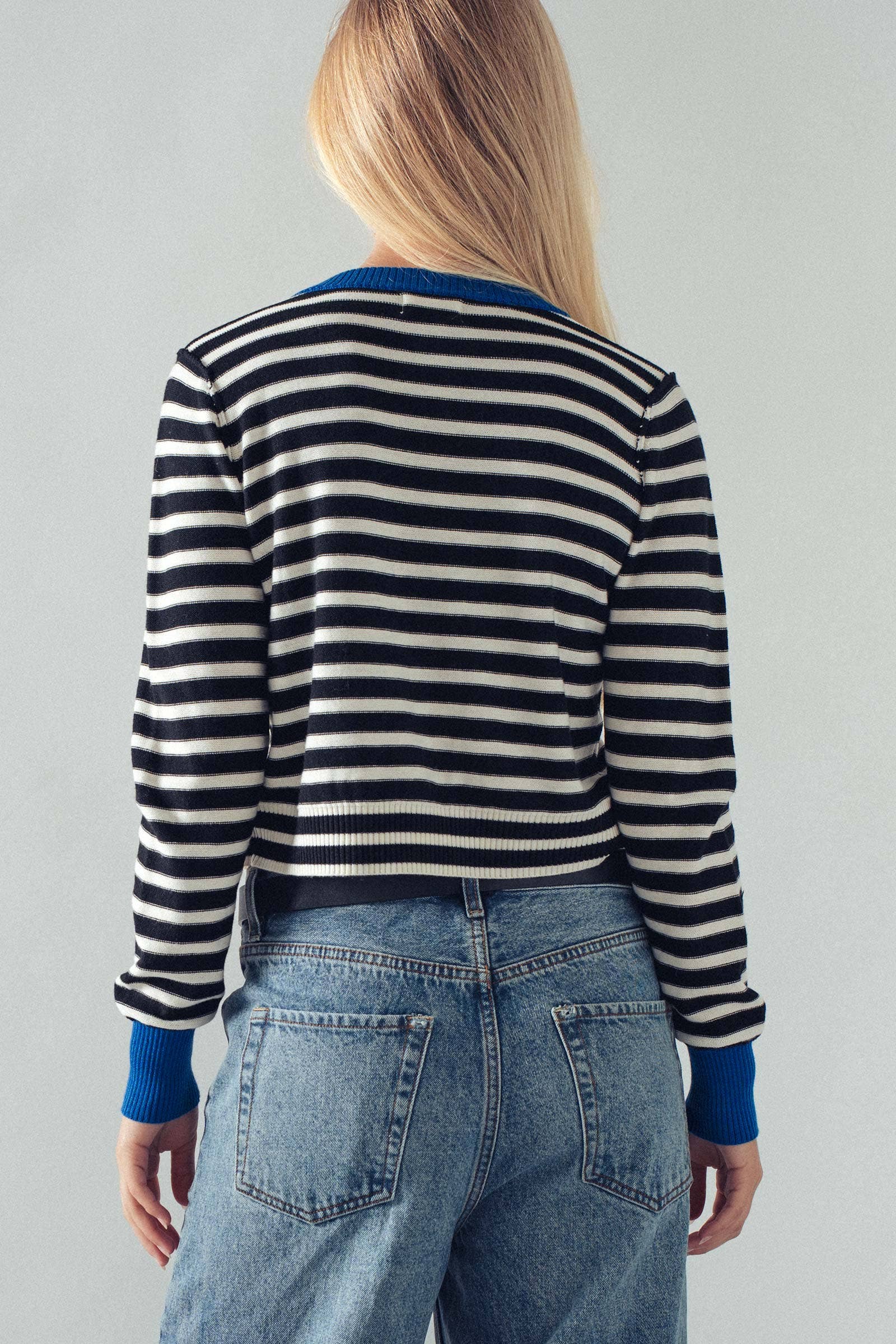 Striped Knit Cropped Button-Up Cardigan