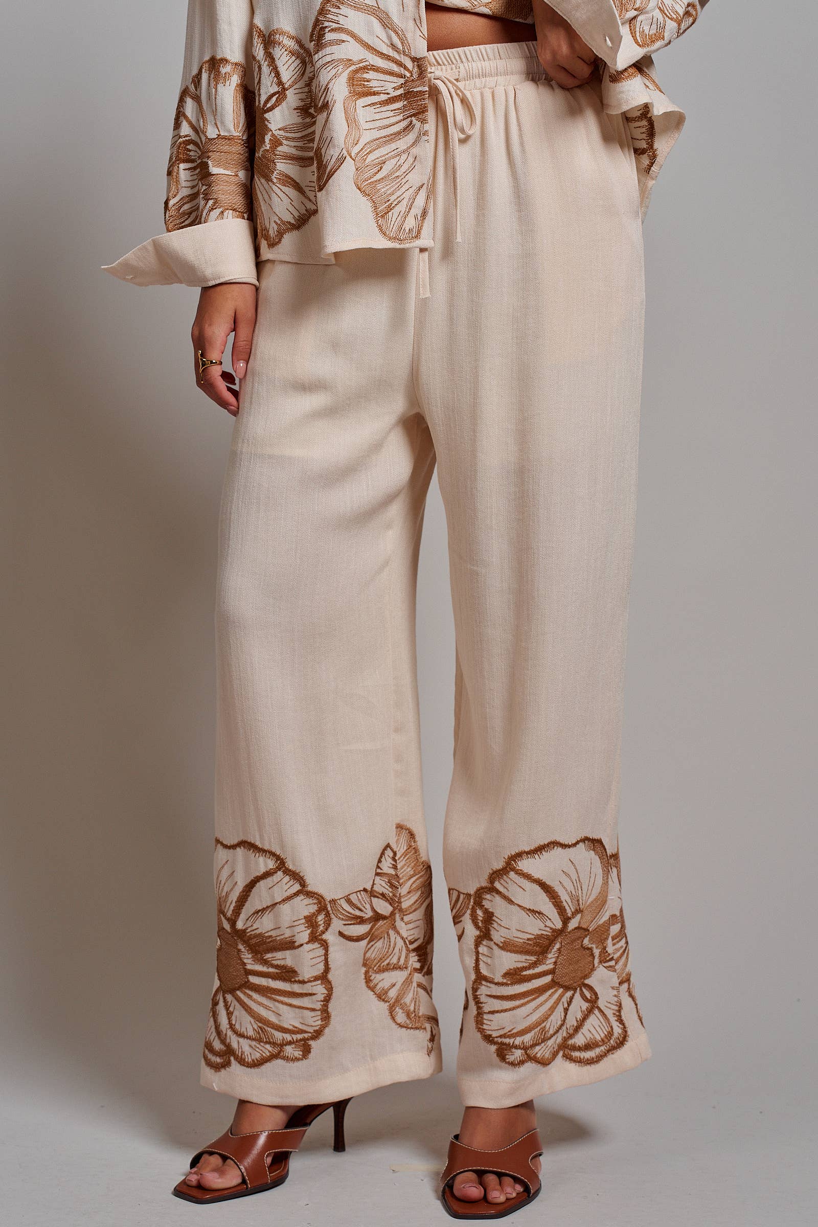 Floral Embroidered Wide Leg Drawstring Pants