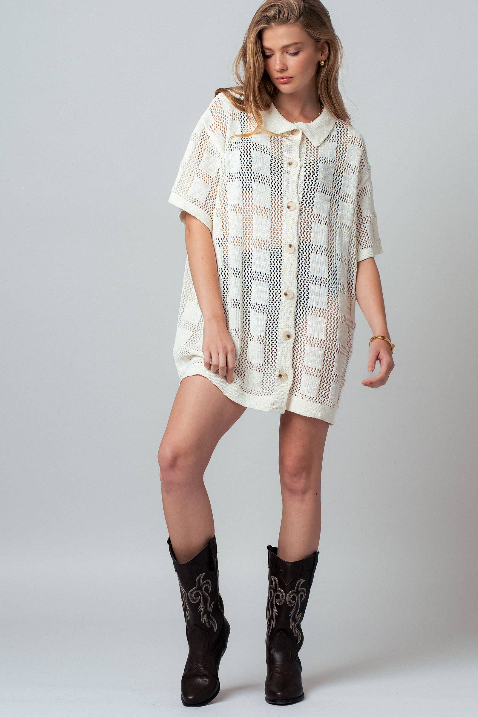 Open-Knit Collared Button-Front Tunic