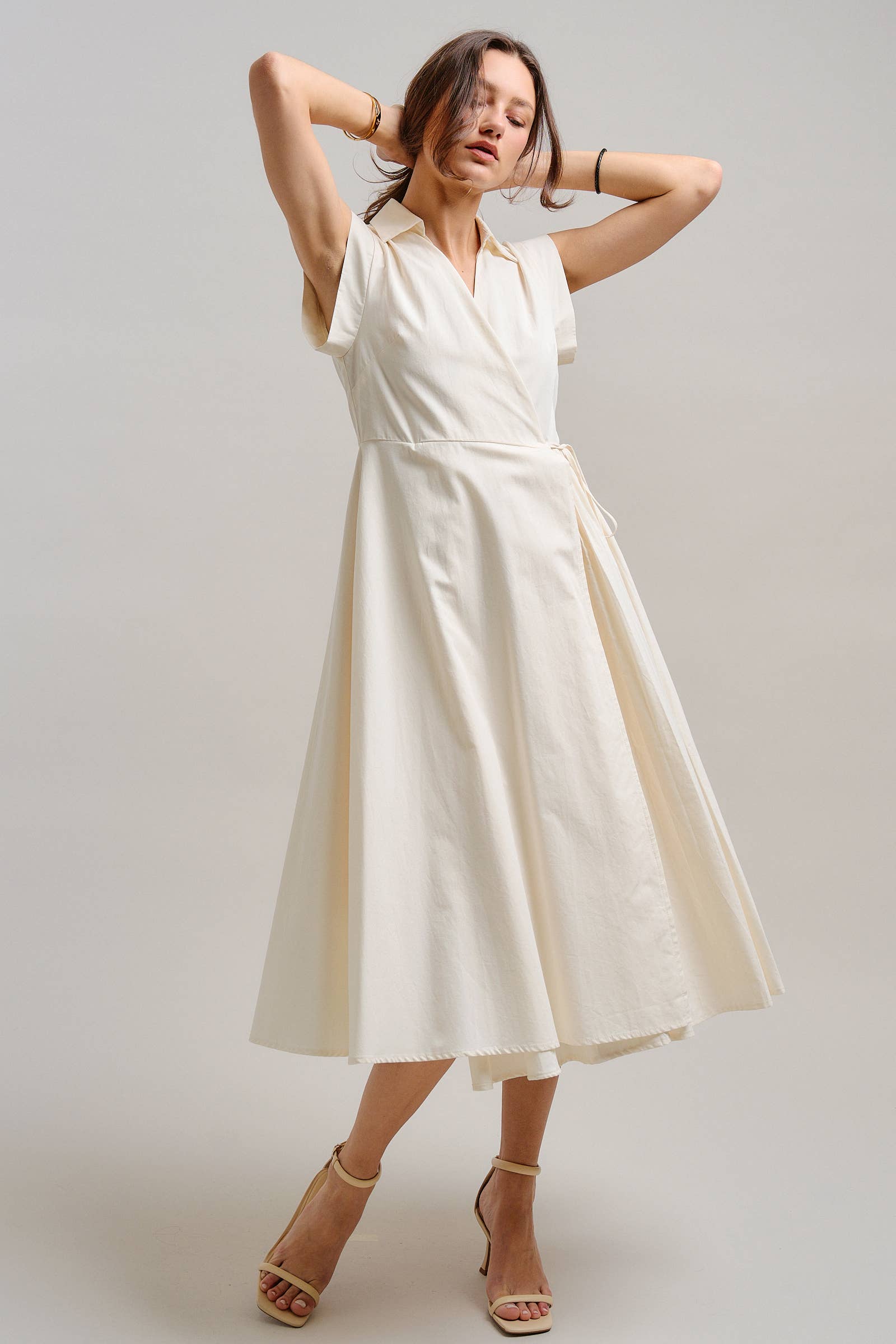 Collared Cap Sleeve Wrap Midi Dress