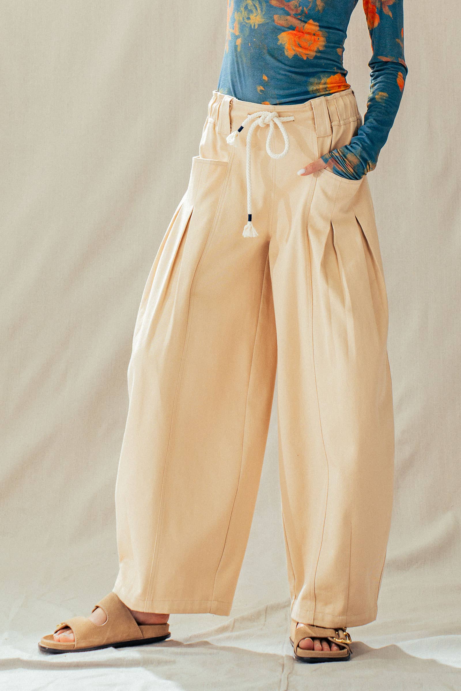 Urban Daizy Rope Drawstring Balloon Pants Pleated Front Brown-Stripe Pants - Women's (UDZ-PT-00481) – alternate view 10