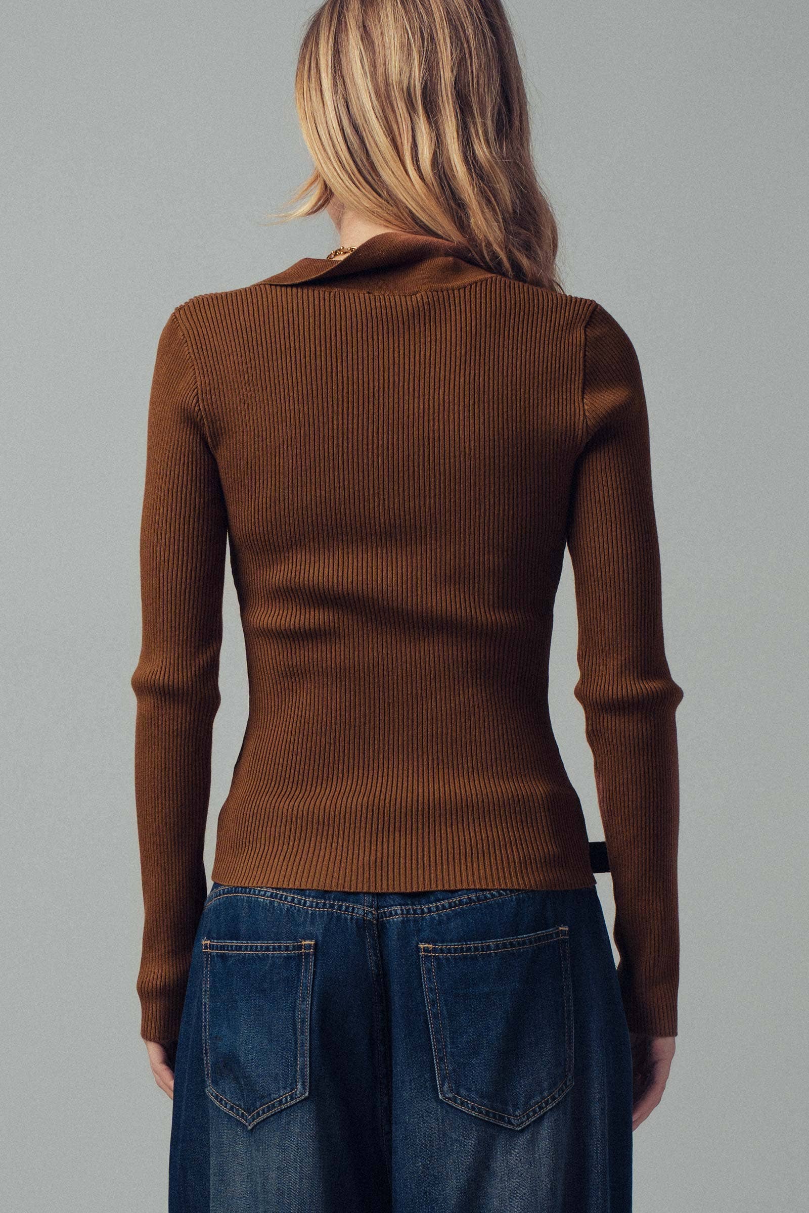 Urban Daizy Classic Fitted Ribbed Knit Polo Sweater Brown Knit Sweater - Women's (UDZ-KN-00657) – alternate view 10