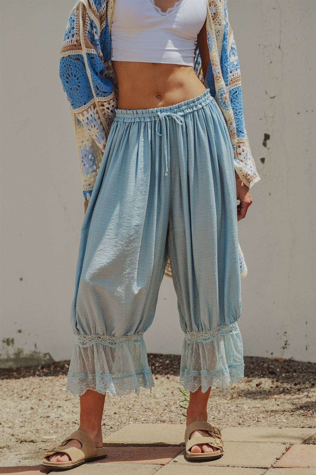 Boho Lace Trim Summer Linen Pants in BLUE - Women's Pants | Urban Daizy