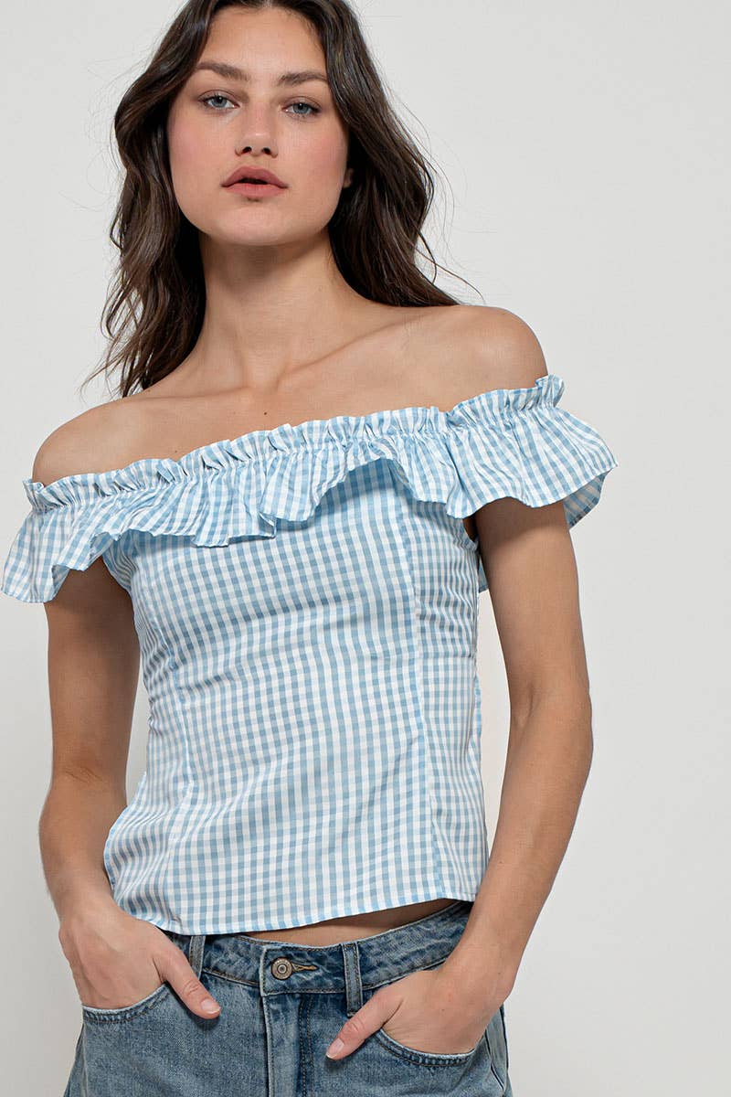 Urban Daizy Gingham Ruffle Off-Shoulder Crop Top Pink Blouse - Women's (UDZ-TP-01034) – alternate view 17