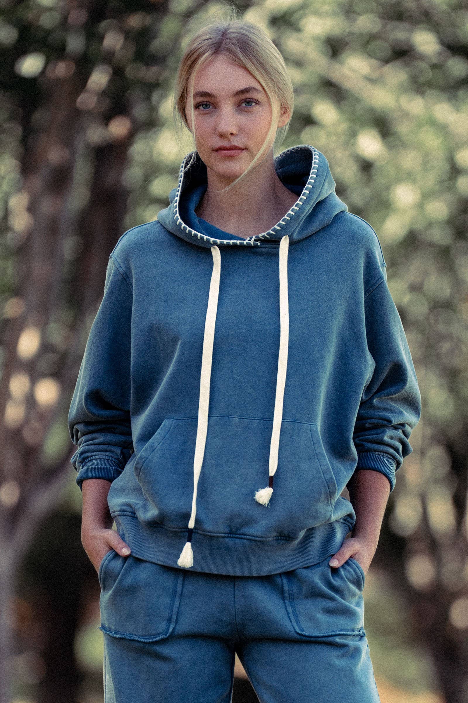 Vintage-Wash Crochet Trim Hooded Sweatshirt