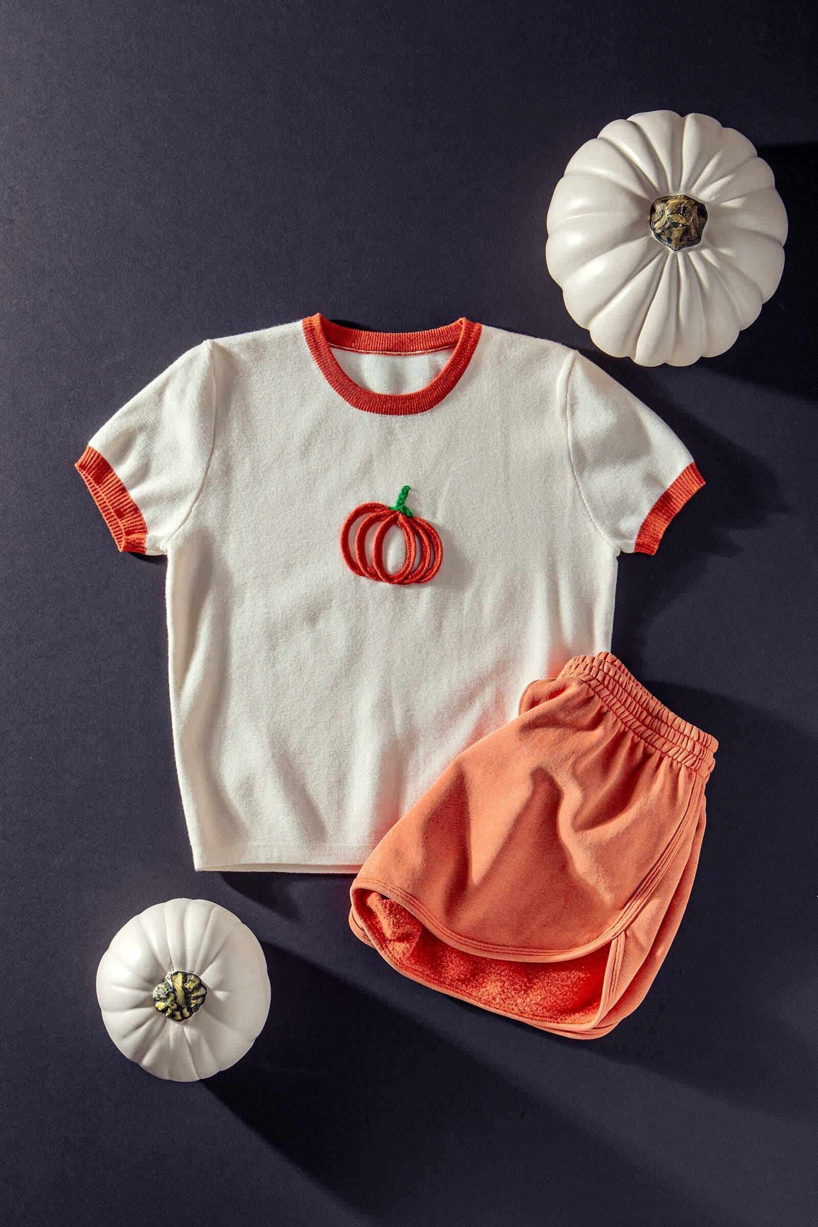 Pumpkin Embroidered Knit Tee Top