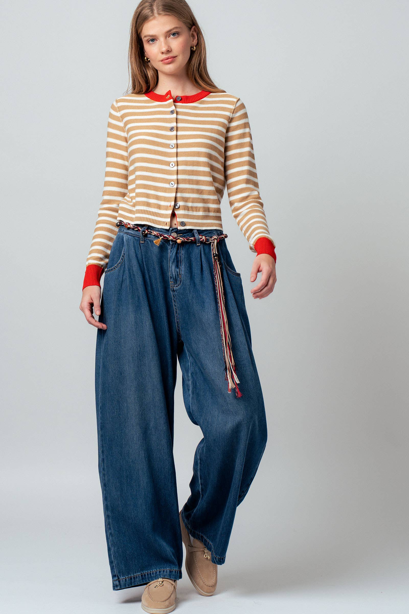 Striped Knit Cropped Button-Up Cardigan