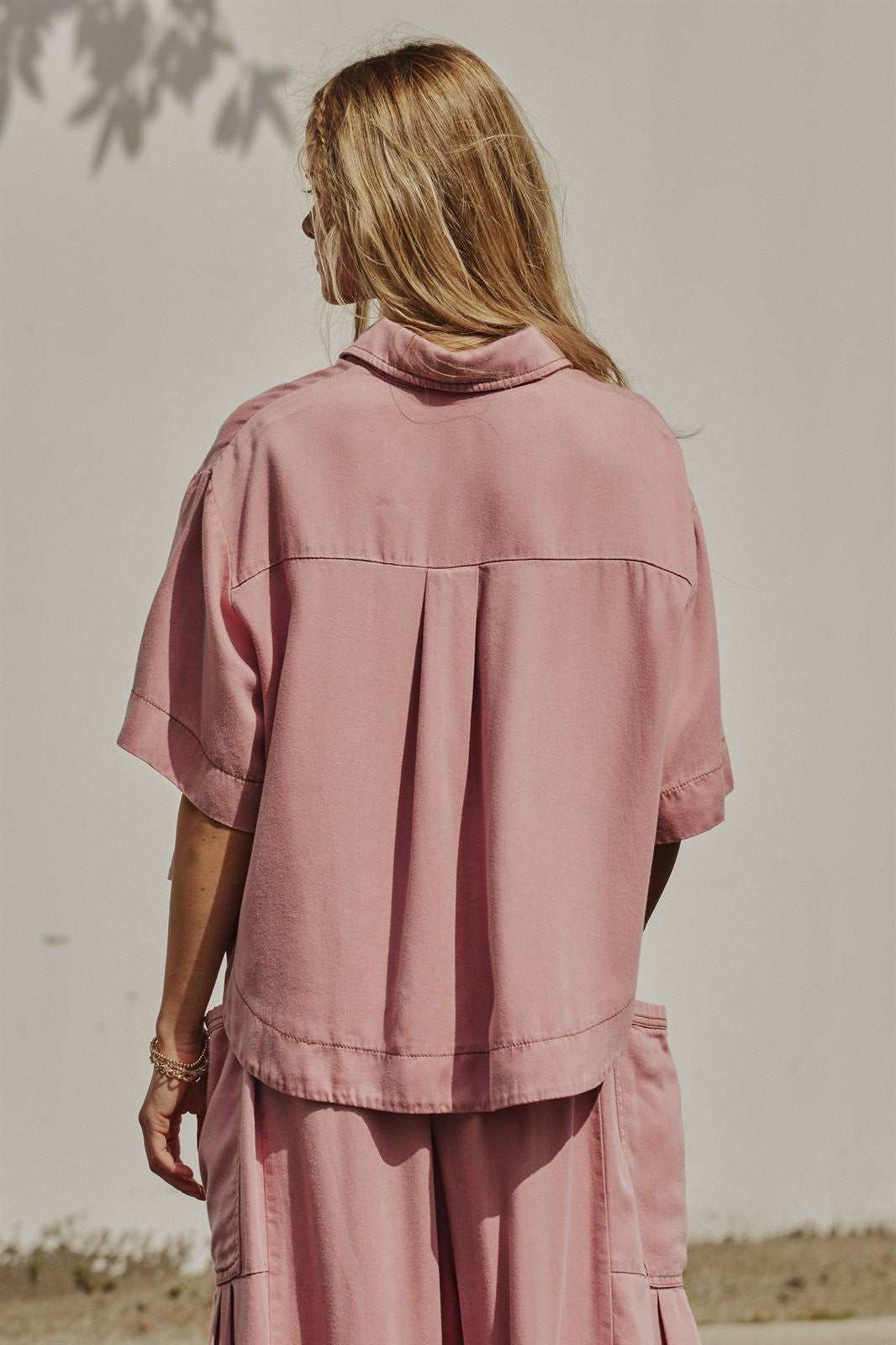 Washed Utility Half-Placket Cropped Shirt in PINK - Women's Shirts & Blouses | Urban Daizy