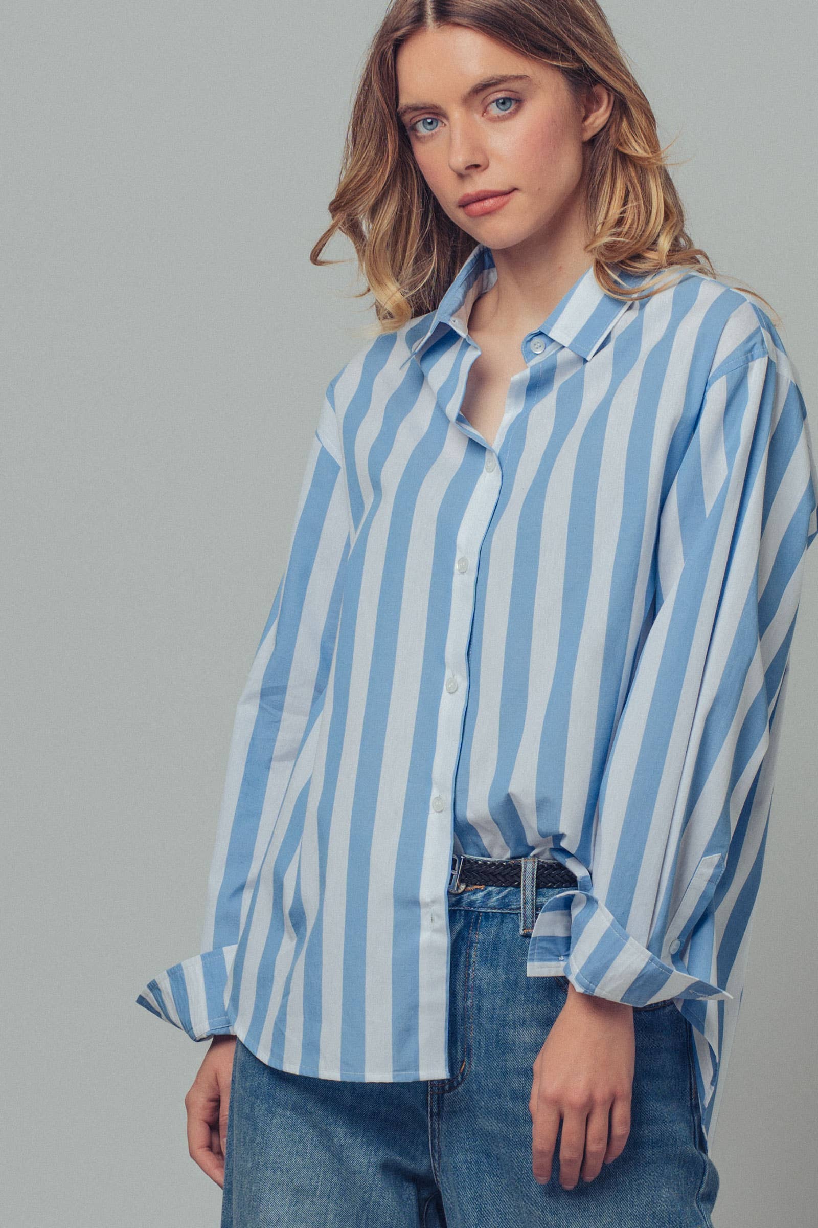 Urban Daizy Oversized Stripe Button Down Collared Shirt Blue Button Down Shirt - Women's (UDZ-TP-00759)