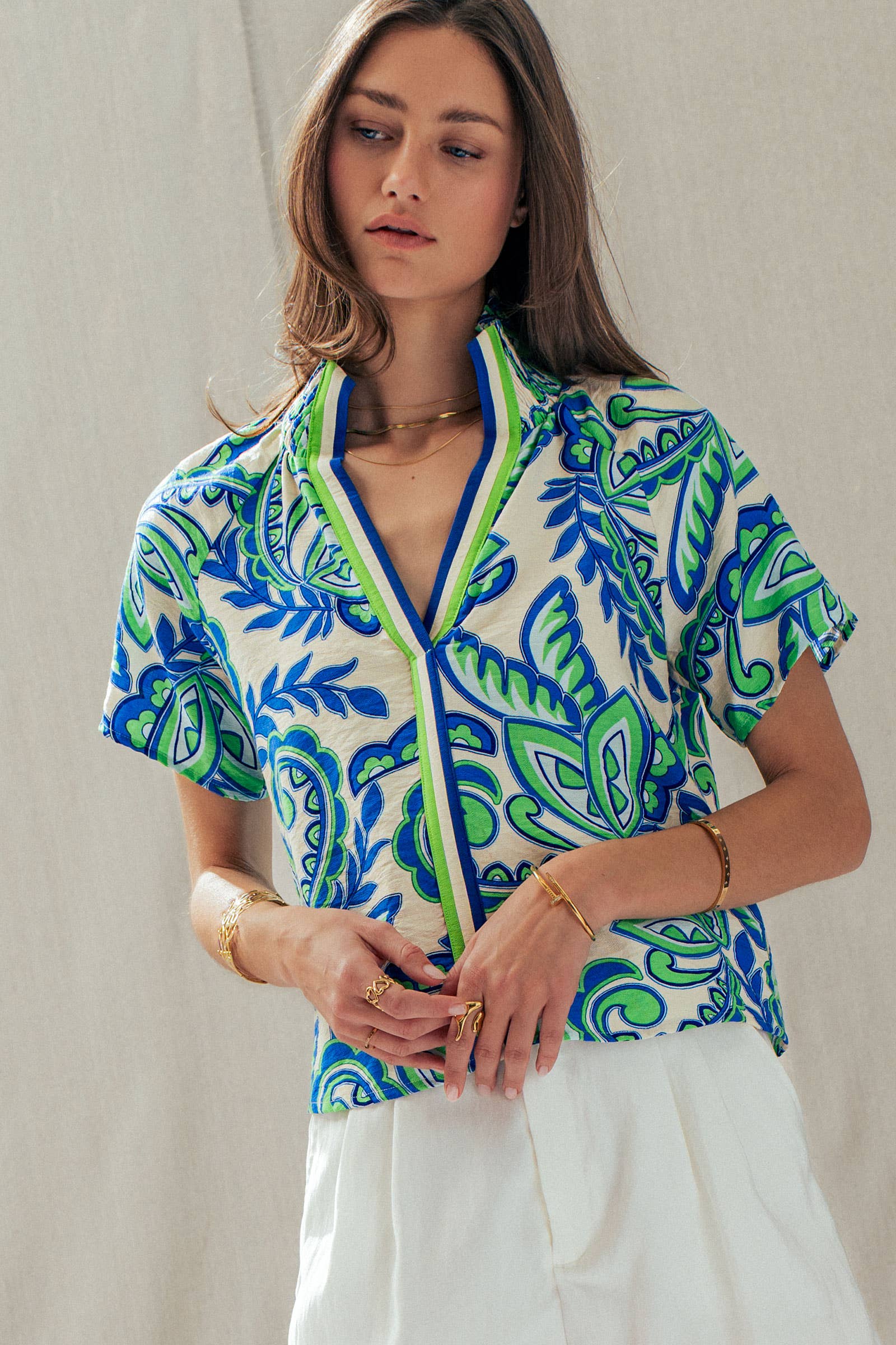 Paisley Smocked High-Neck V-Neck Blouse