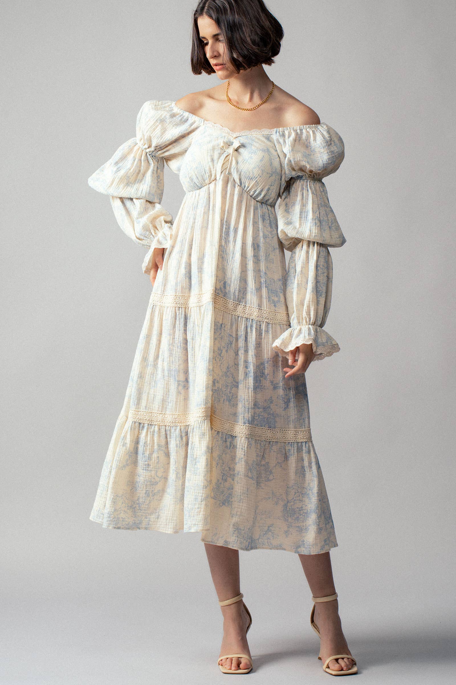 Urban Daizy Off-Shoulder Tiered Puff Sleeve Midi Dress Blue Dress - Women's (UDDR0211-Blue) – alternate view 10