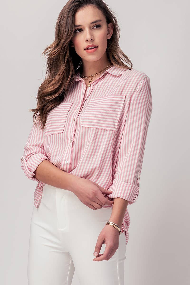 Relaxed Fit Vertical Striped Rayon Button Down Shirt