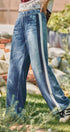 Wide Leg Faux Denim Print French Terry Track Pants with Side in IVORY NAVY - Women's Casual Pants | Urban Daizy