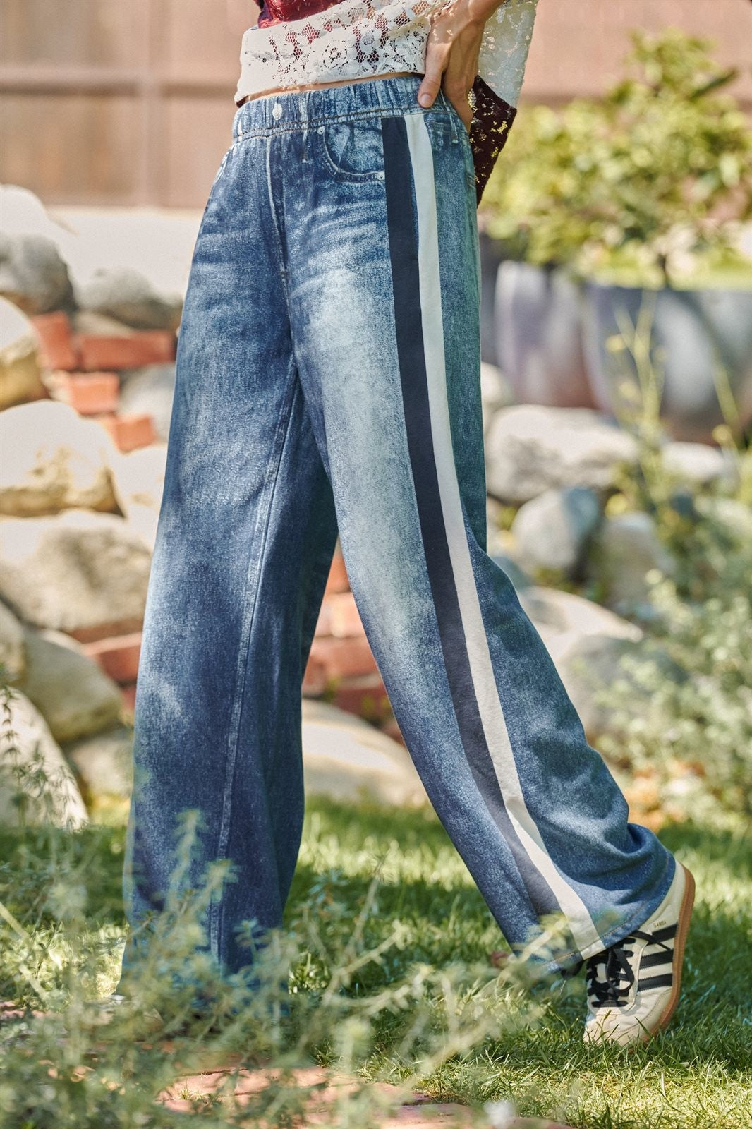 Wide Leg Faux Denim Print French Terry Track Pants with Side in IVORY NAVY - Women's Casual Pants | Urban Daizy