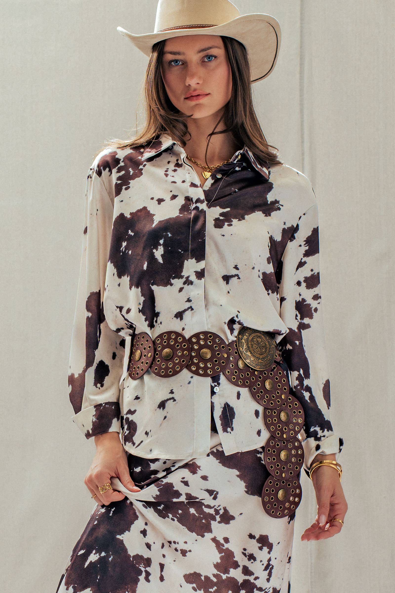 Urban Daizy Cowhide Print Western Button Down Shirt Animal-Print Button Down Shirt - Women's (UDTP1224) – alternate view 3