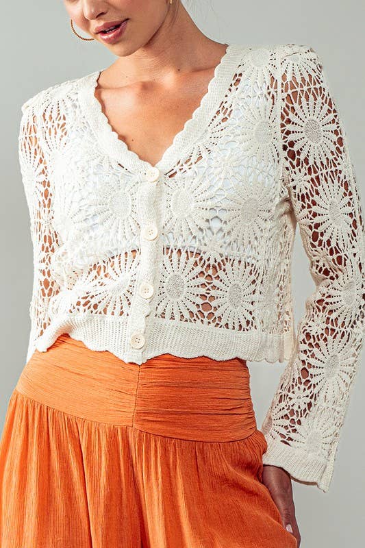 Urban Daizy Romantic Floral Crochet Button Down Spring Cropped Cardigan Natural Cardigan - Women's (UDZ-KN-00331) –…