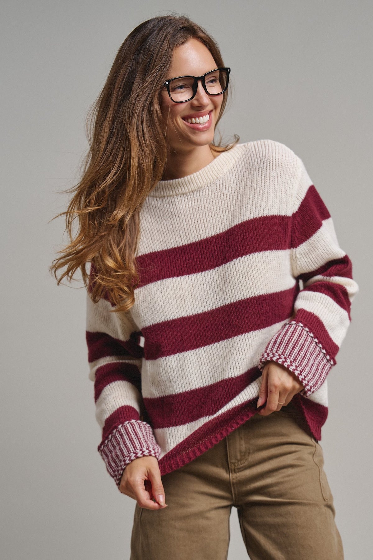 Striped Oversized Chunky Knit Sweater in BURGUNDY - Women's Sweaters | Urban Daizy