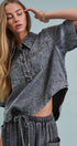 Washed Utility Half-Placket Cropped Shirt in BLACK - Women's Tops | Urban Daizy