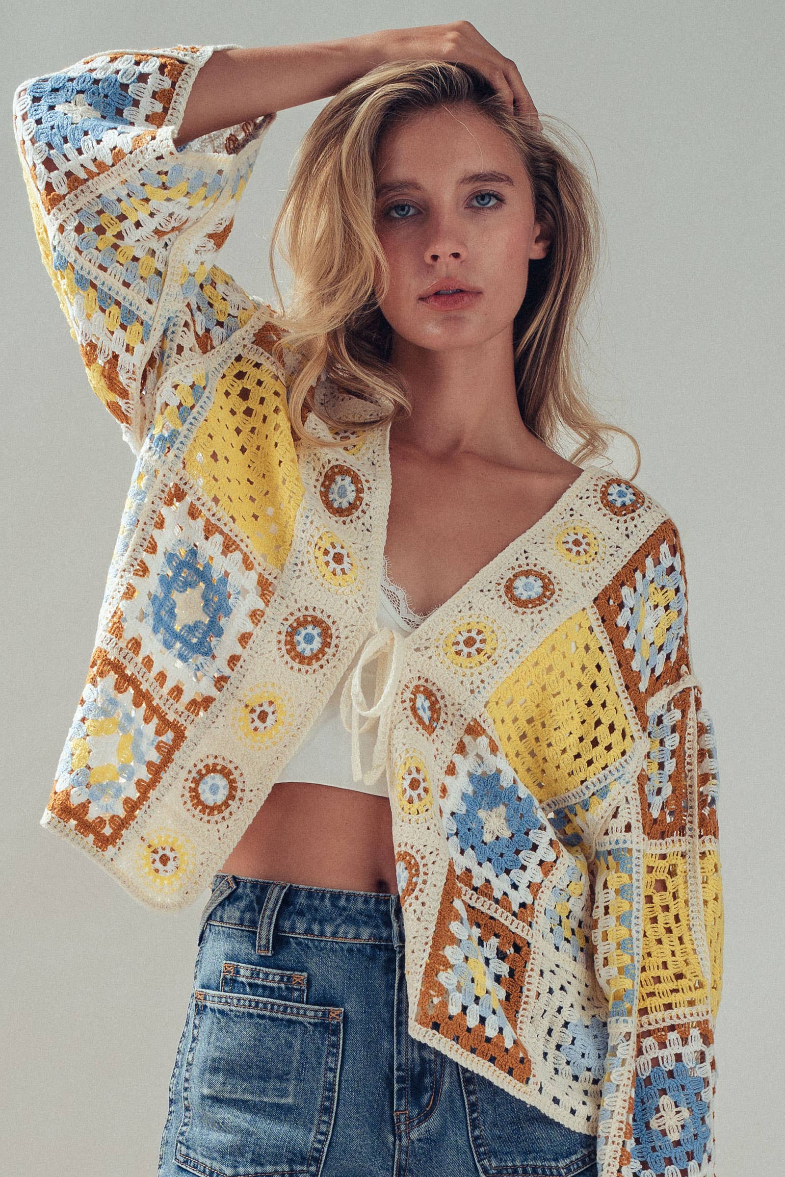 Granny Square Crochet Tie-Front Cardigan