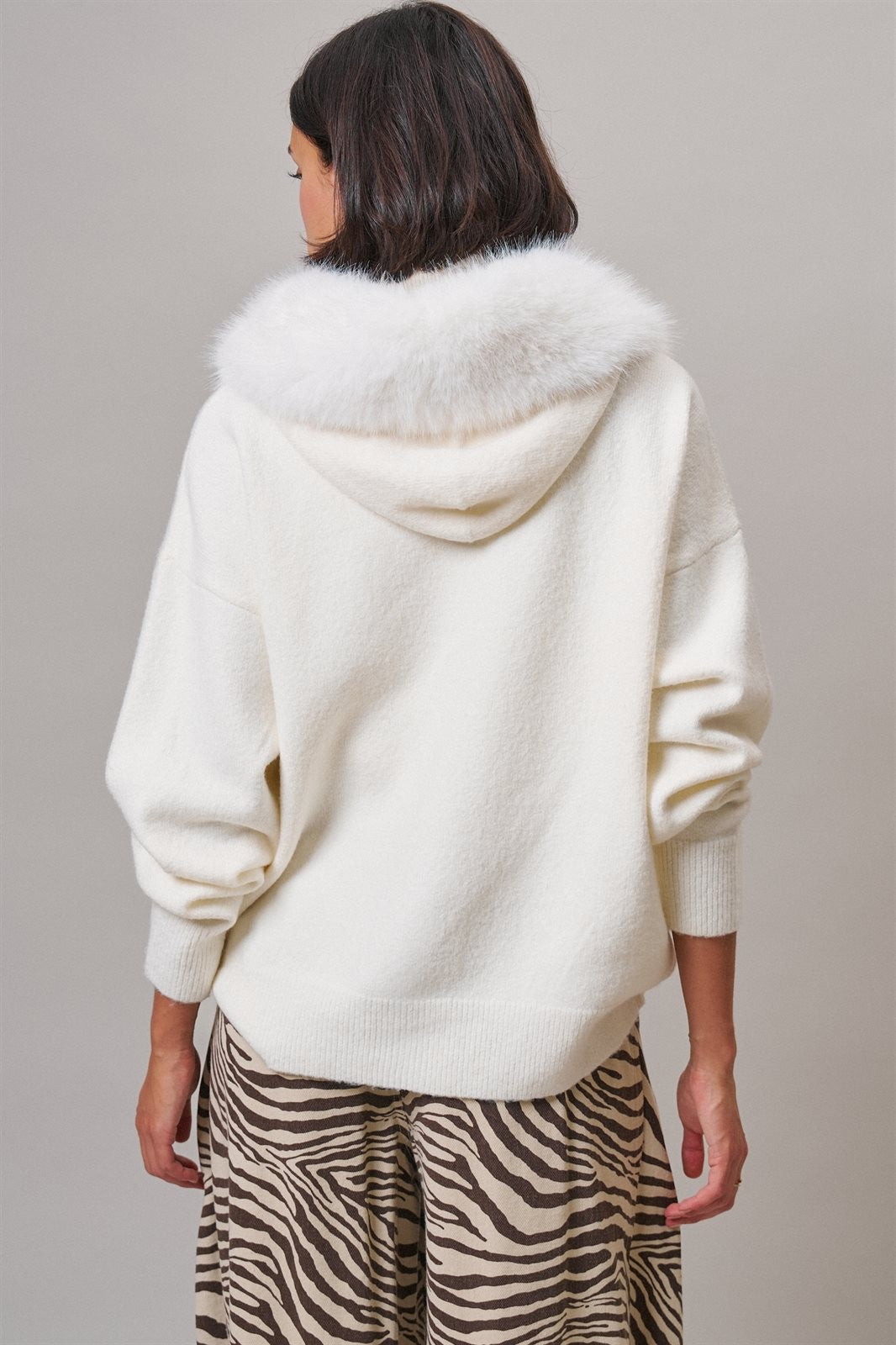Faux Fur Hood Pom Pom Cardigan Wool Blend in Baby Blue in IVORY - Women's Cardigans & Shrugs | Urban Daizy