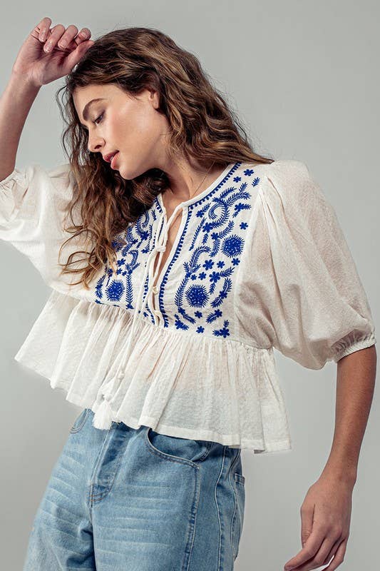 Urban Daizy Boho Embroidered Puff Sleeve Ruffle Blouse White Blouse - Women's (UDZ-TP-00705) – alternate view 7