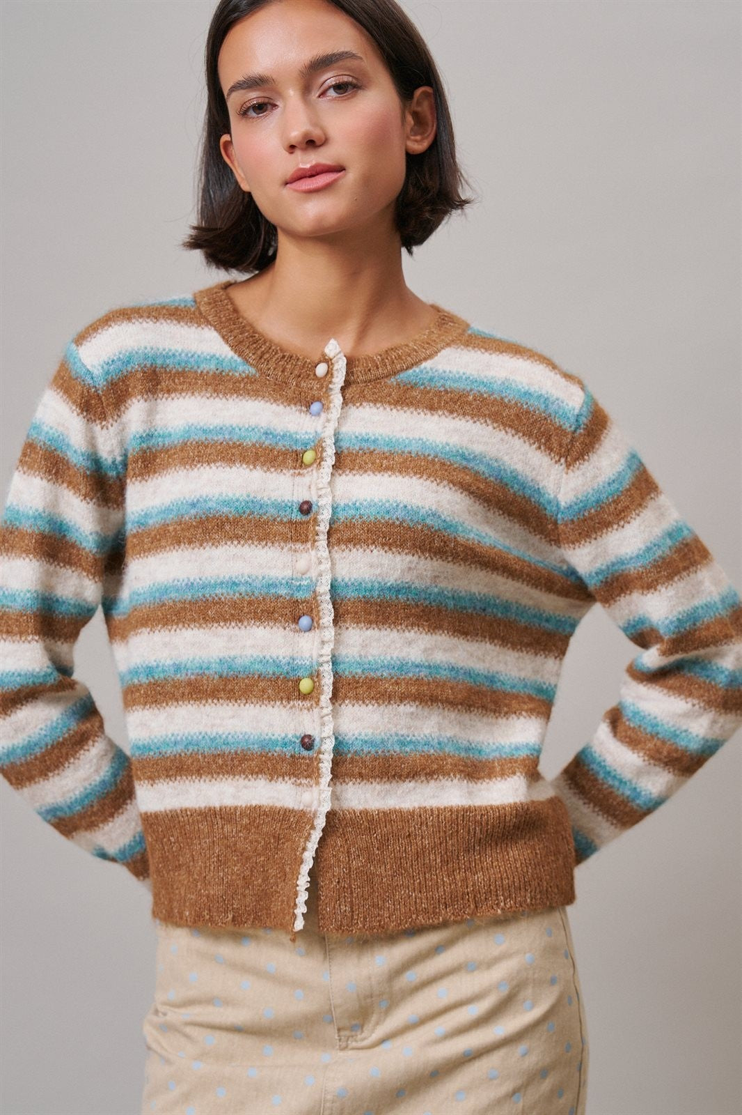 Lace Trim Striped Cardigan Coastal Grandma Preppy for Women in BROWN BLUE - Women's Cardigans & Shrugs | Urban Daizy