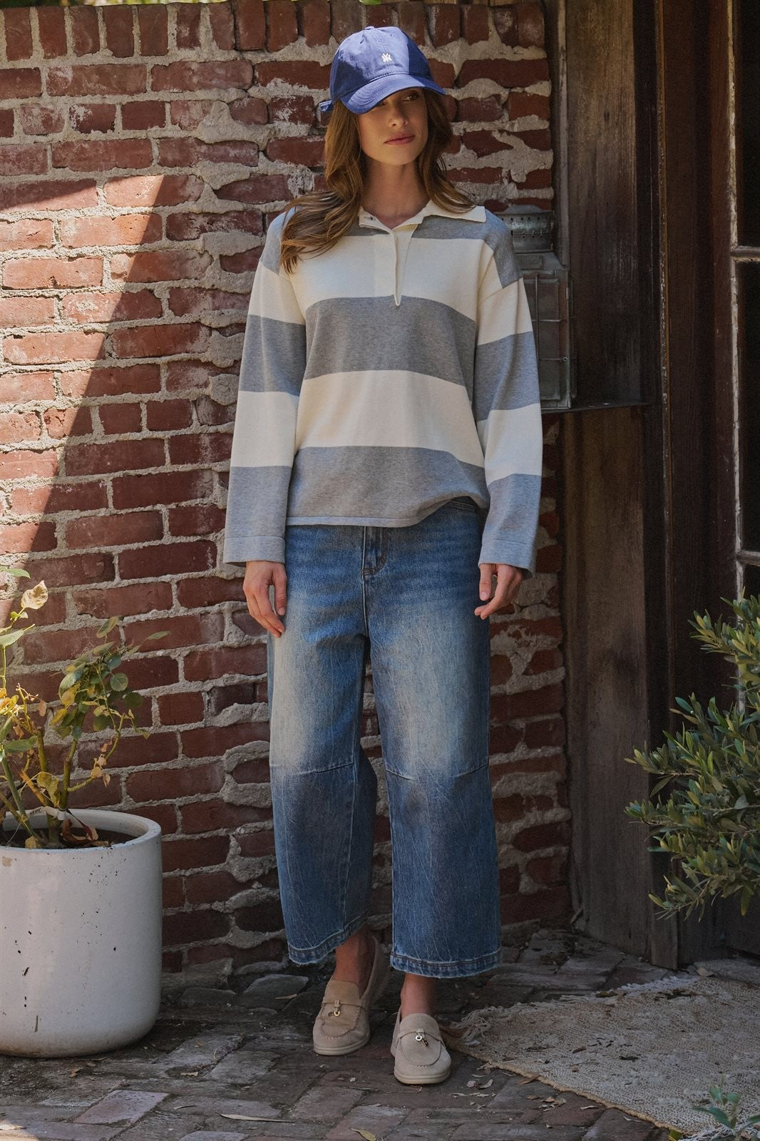 Striped Knit Rugby Polo Sweater in IVORY GREY - Women's Sweaters | Urban Daizy