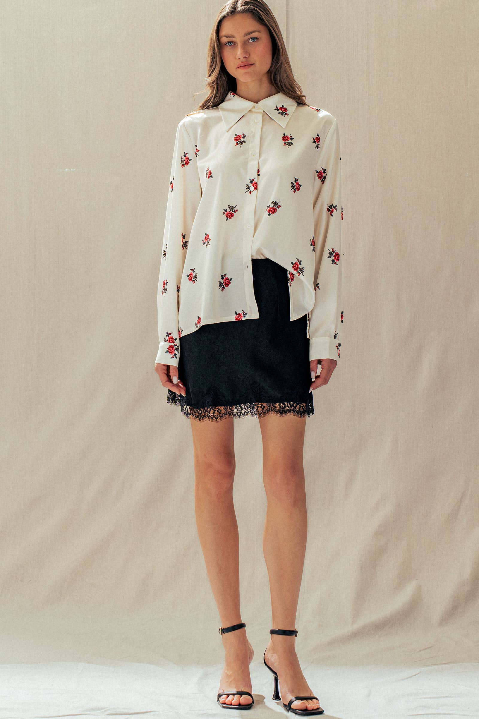 Rose Print Satin Button-Up Blouse