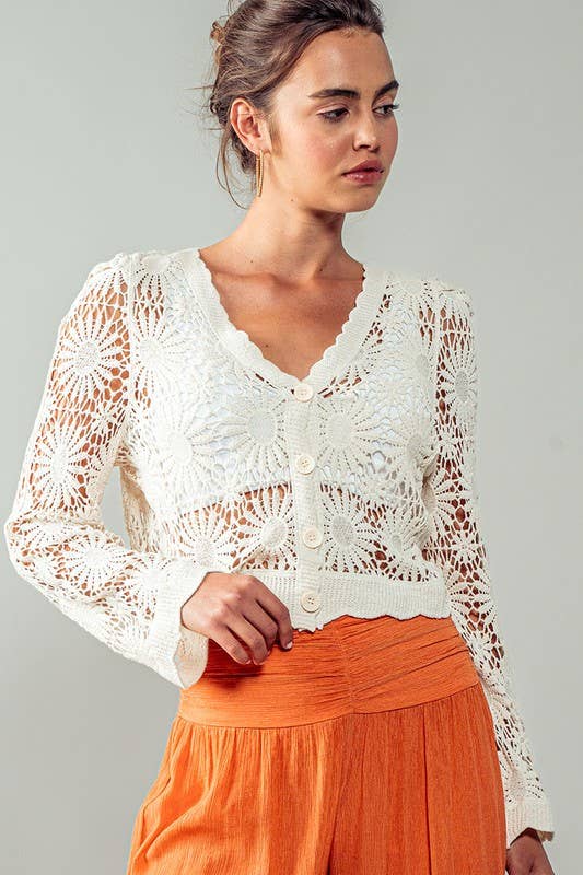 Urban Daizy Romantic Floral Crochet Button Down Spring Cropped Cardigan Natural Cardigan - Women's (UDZ-KN-00331) –…