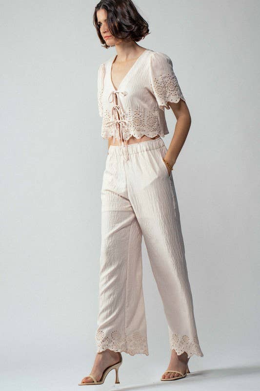 Urban Daizy Embroidered Eyelet Flutter Sleeve Top and Wide Leg Pants Natural Top & Pant Set (NOT Loungewear) - Women's (UDZ-PT-00354) – alternate view 12