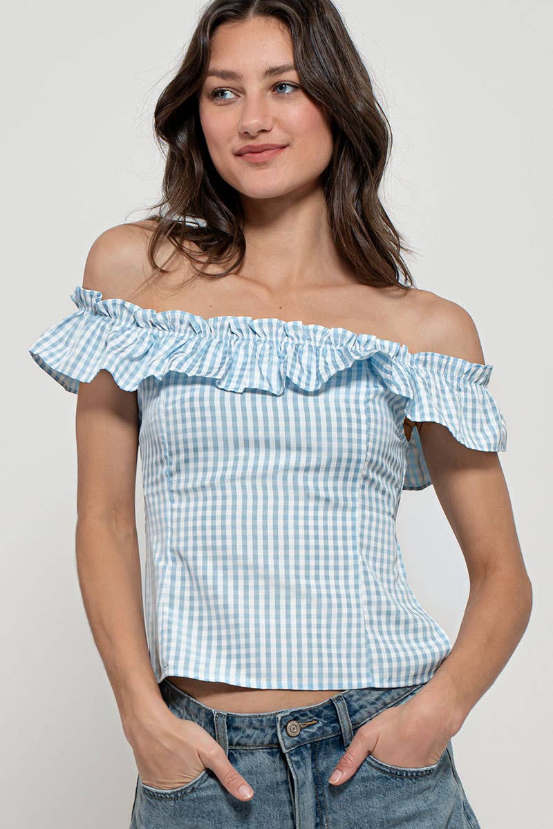Urban Daizy Gingham Ruffle Off-Shoulder Crop Top Pink Blouse - Women's (UDZ-TP-01034) – alternate view 21