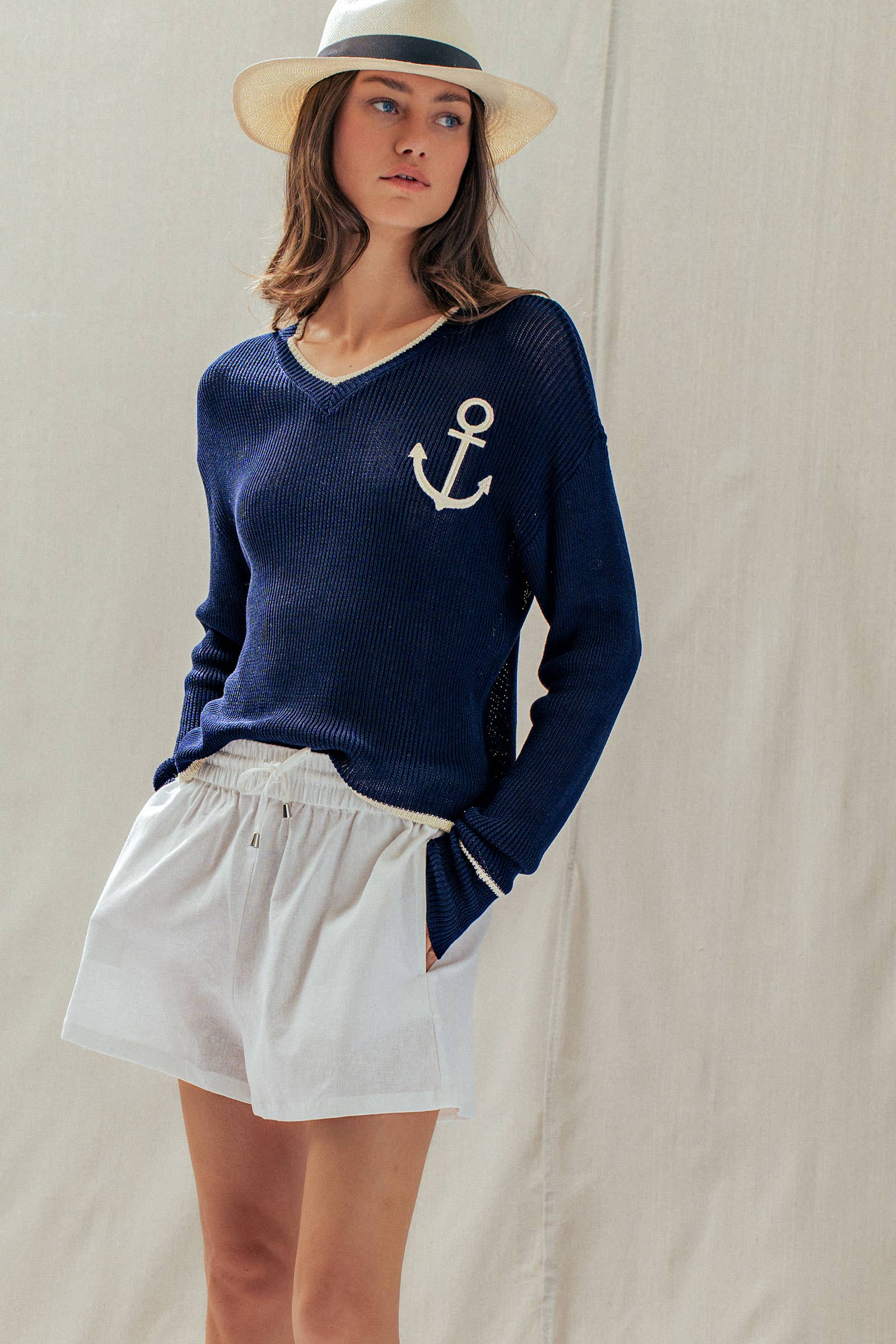 Nautical Anchor V-Neck Knit Top Contrast Trim