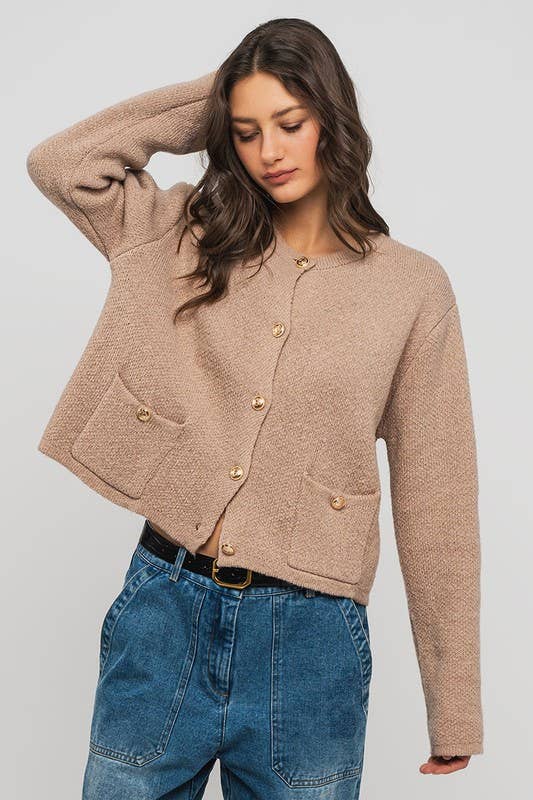 Urban Daizy Textured Button Front Cropped Knit Cardigan Beige Knit Top - Women's (UDZ-TP-00751) – alternate view 12