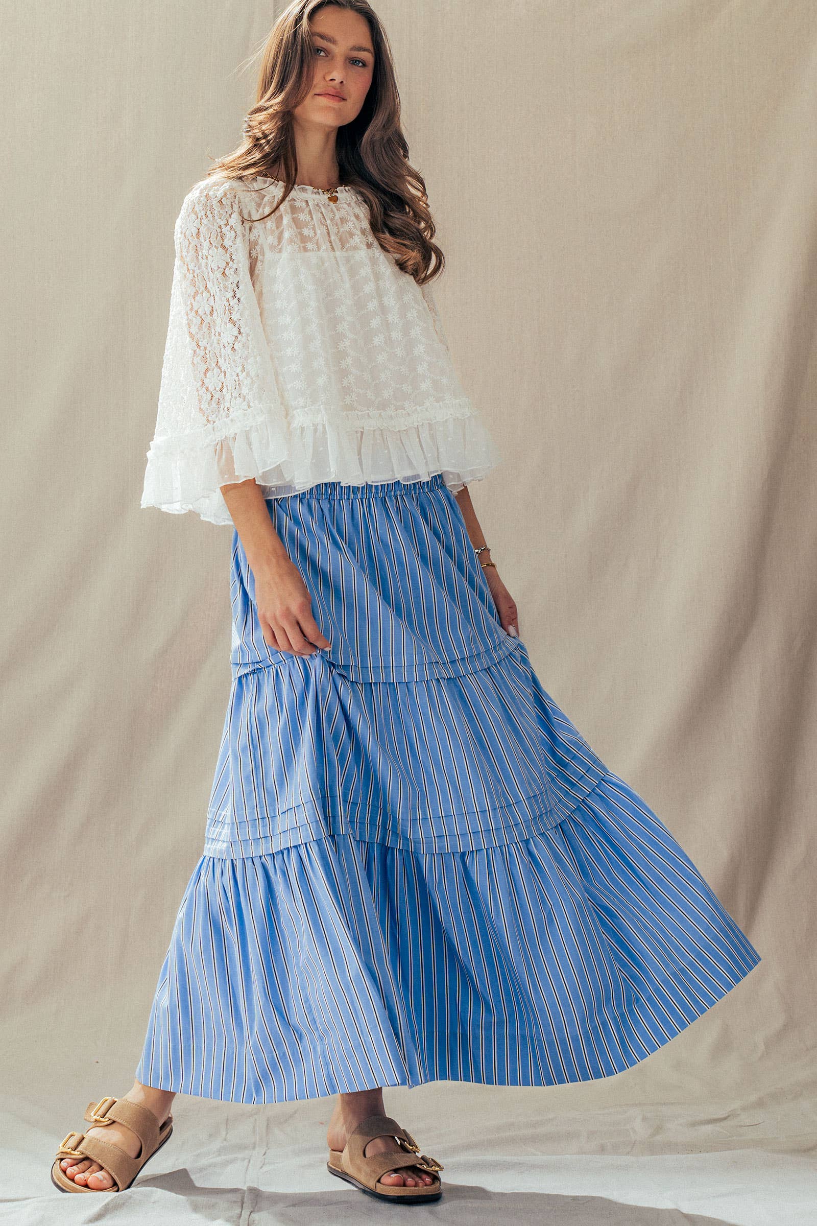 Striped Cotton Tiered Smocked Maxi Skirt