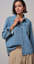 Western Pearl Snap Denim Button-Down Shirt in DENIM BLUE - Women's Shirts & Blouses | Urban Daizy