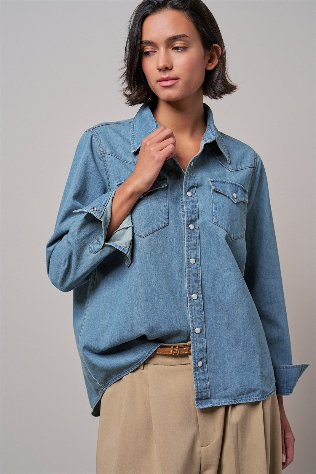 Western Pearl Snap Denim Button-Down Shirt in DENIM BLUE - Women's Shirts & Blouses | Urban Daizy