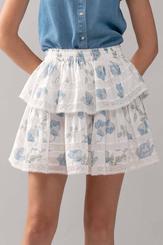 Urban Daizy Blue Rose Print Lace Trim Double Tiered Mini Skirt Ivory Skirt - Women's (UDZ-AC-00158) – alternate view 4