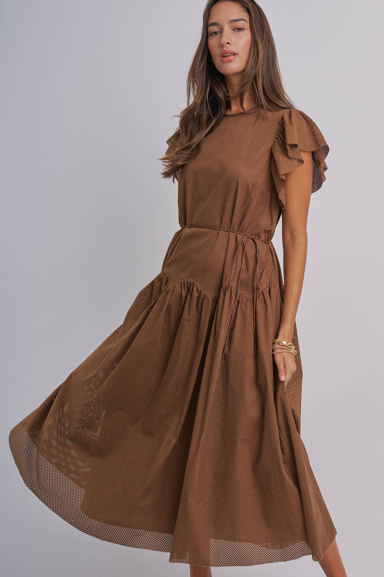 Cotton Eyelet Flutter Sleeve Drop Waist Midi Dress