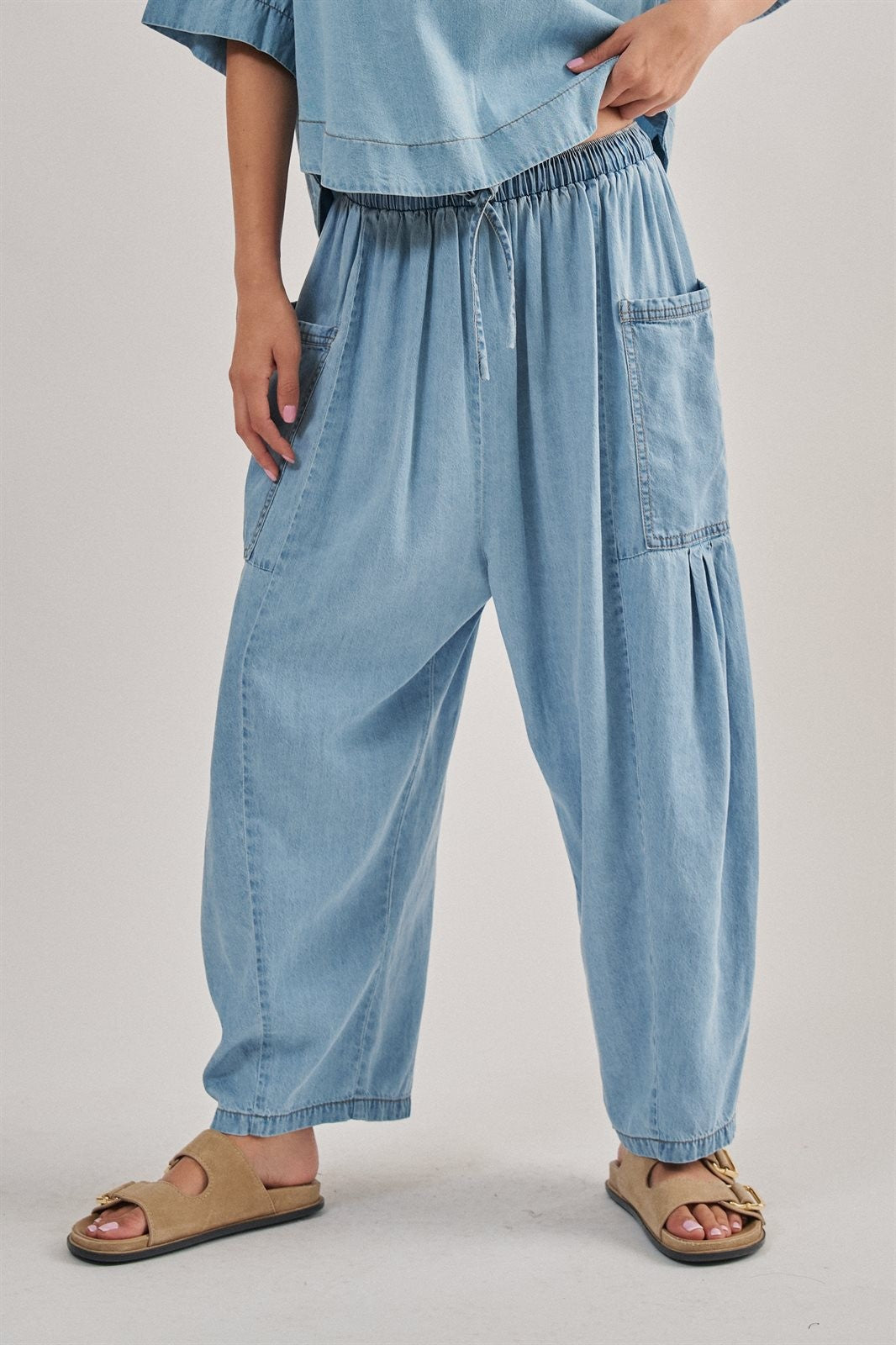 Washed Utility Wide-Leg Pants in CHAMBRAY - Women's Casual Pants | Urban Daizy