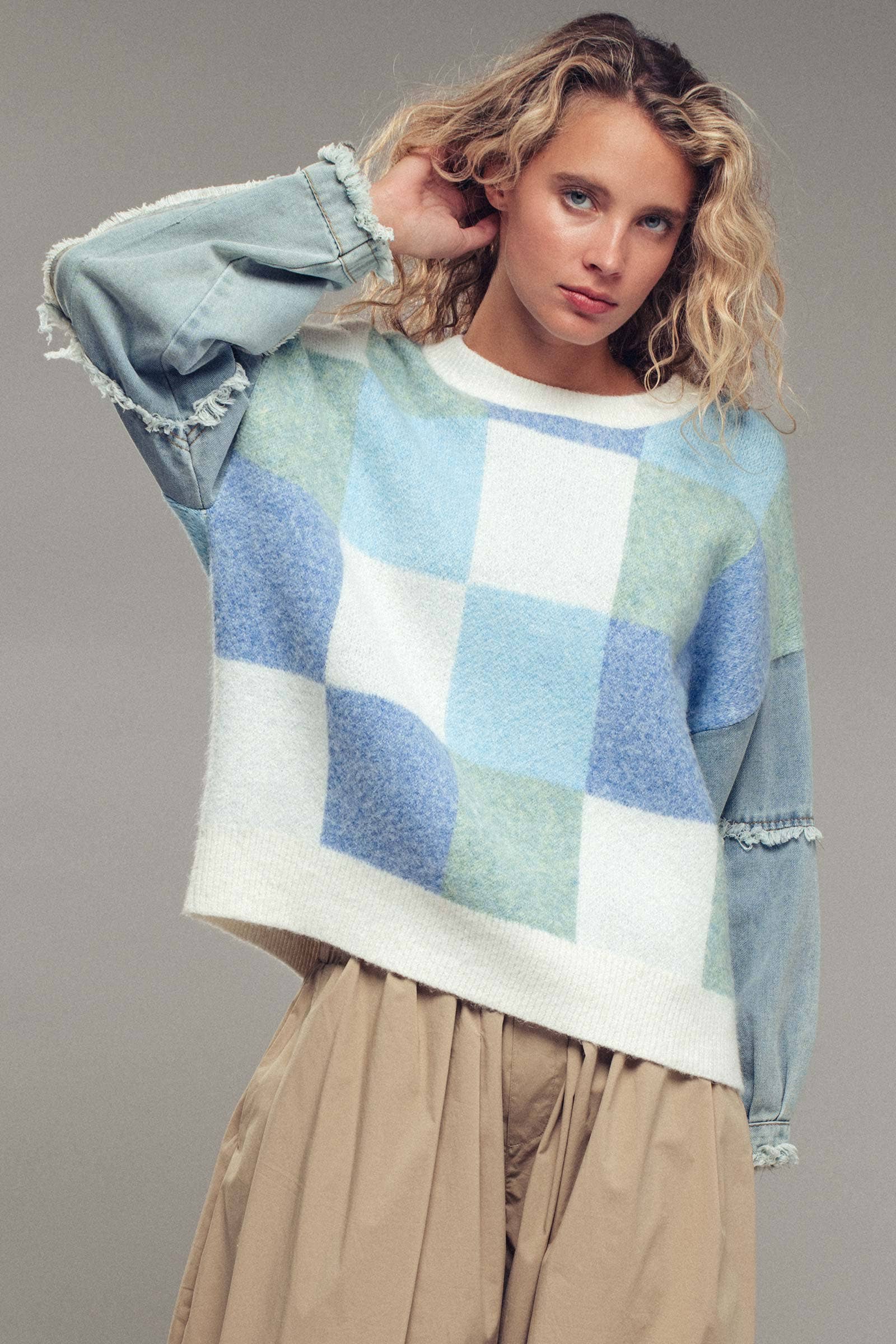 Urban Daizy Checkered Knit with Denim Sleeves Crewneck Sweater Blue-Combo Knit Sweater - Women's (UDZ-KN-00486) –…