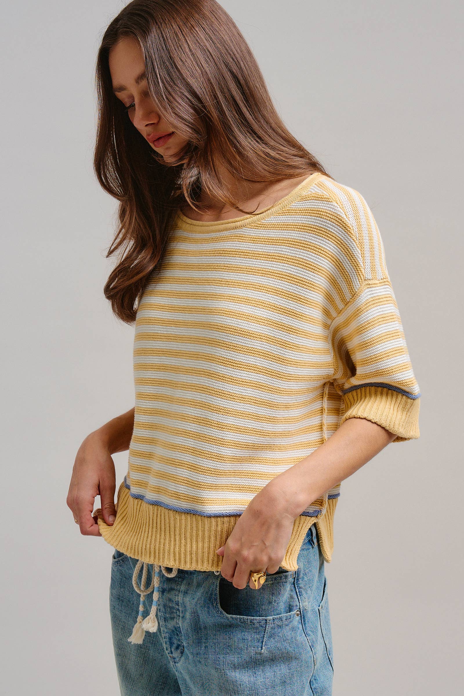 Yellow Striped Contrast Trim Sweater Tee