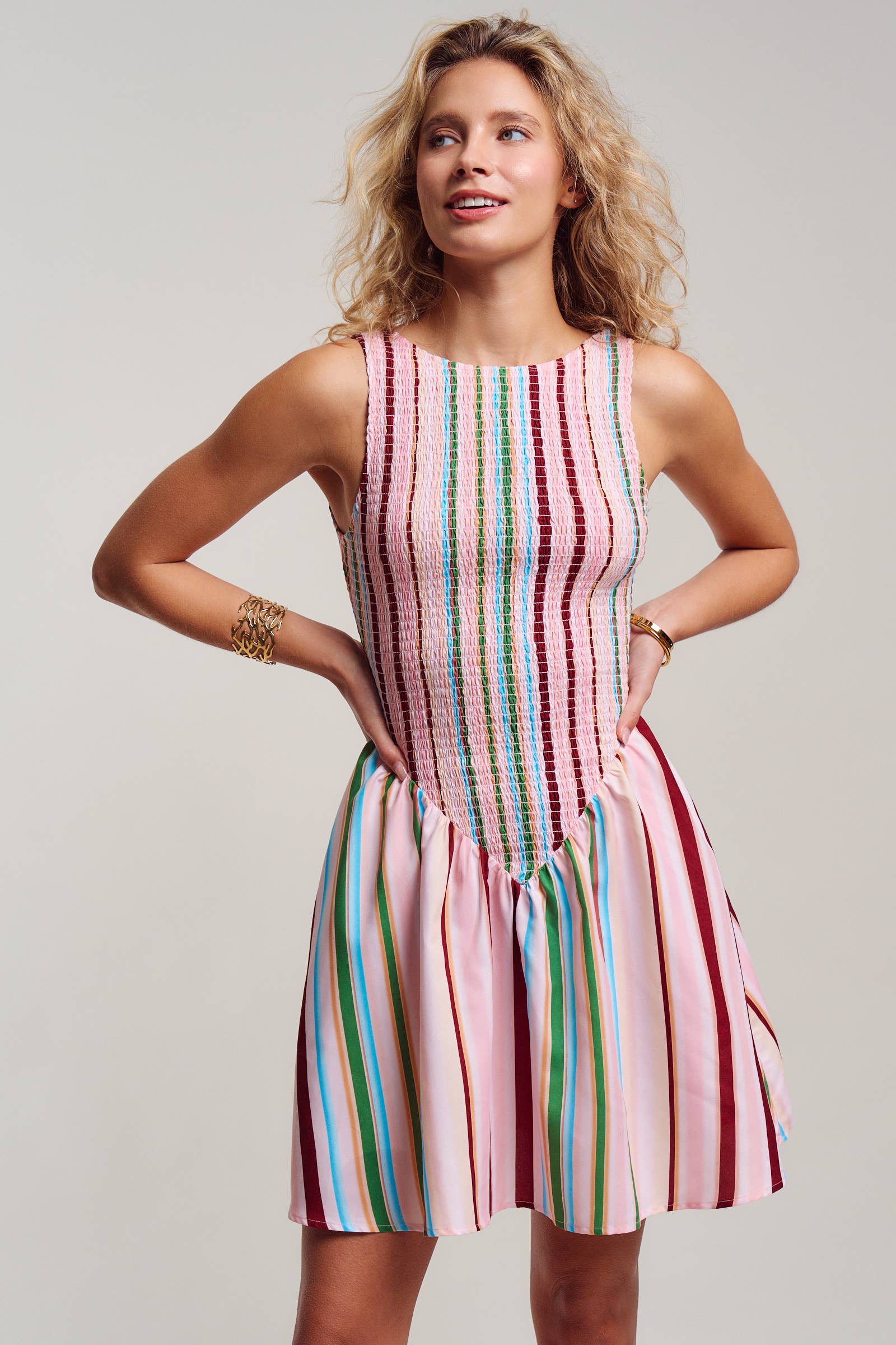 Urban Daizy Sorbet Stripe Smocked Bodice Sleeveless Mini Dress Muiti Dress - Women's (UDDR0349-Muiti) – alternate view 3