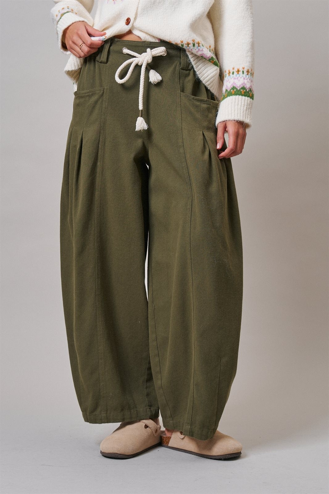 Pleated Wide-Leg Barrel Pant with Drawstring in OLIVE - Women's Casual Pants | Urban Daizy