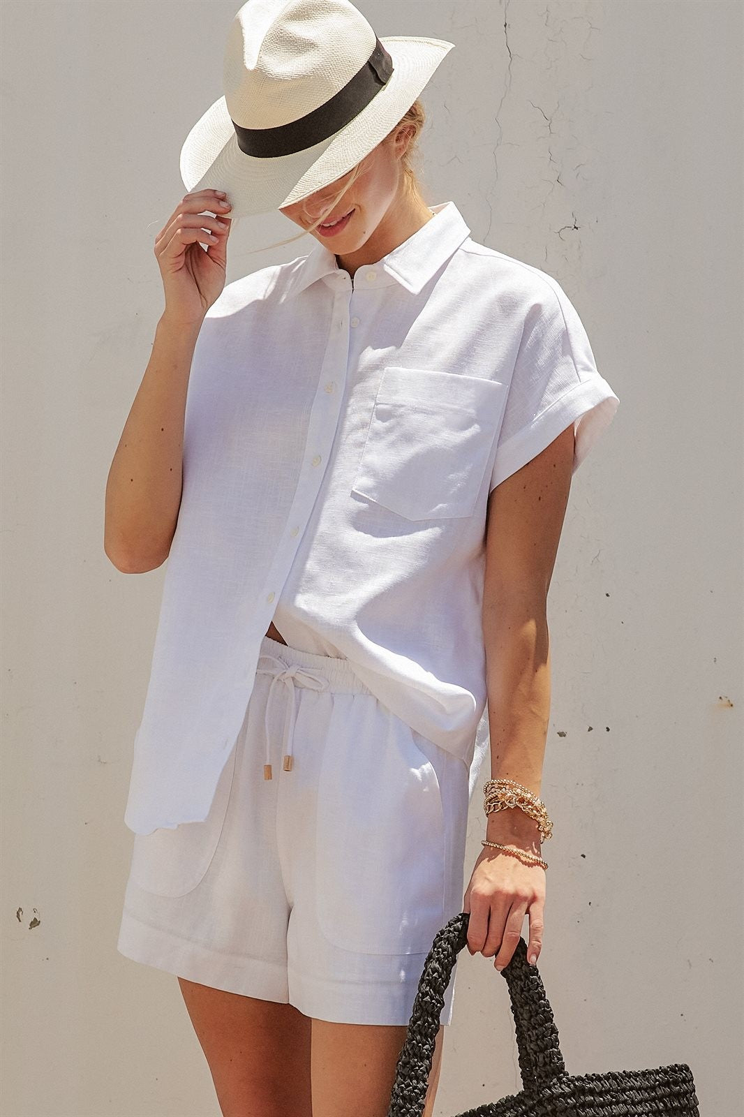 Coastal Ease Linen Short Sleeve Shirt in WHITE - Women's Tops | Urban Daizy