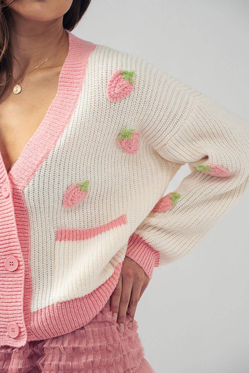 Urban Daizy Romantic Strawberry Embroidered V Neck Chunky Sweater Pink Cardigan - Women's (UDZ-KN-00160) – alternate view 9