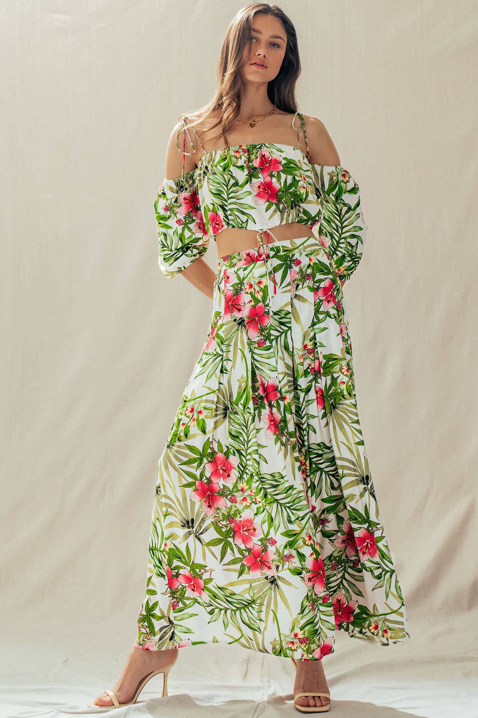 Urban Daizy Off Shoulder Crop Top with Floral Maxi Skirt White Top & Skirt Set - Women's (UDZ-AC-00238) – alternate view 3